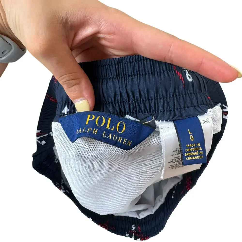 Polo Ralph Lauren Nautical Anchor Print Elastic Waist Swim Trunks Shorts Pockets